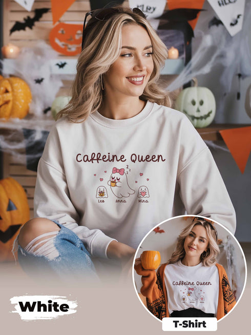 Caffeine Queen Mom Shirt or Sweater – Funny Coffee Mom Life – Custom Name & Year